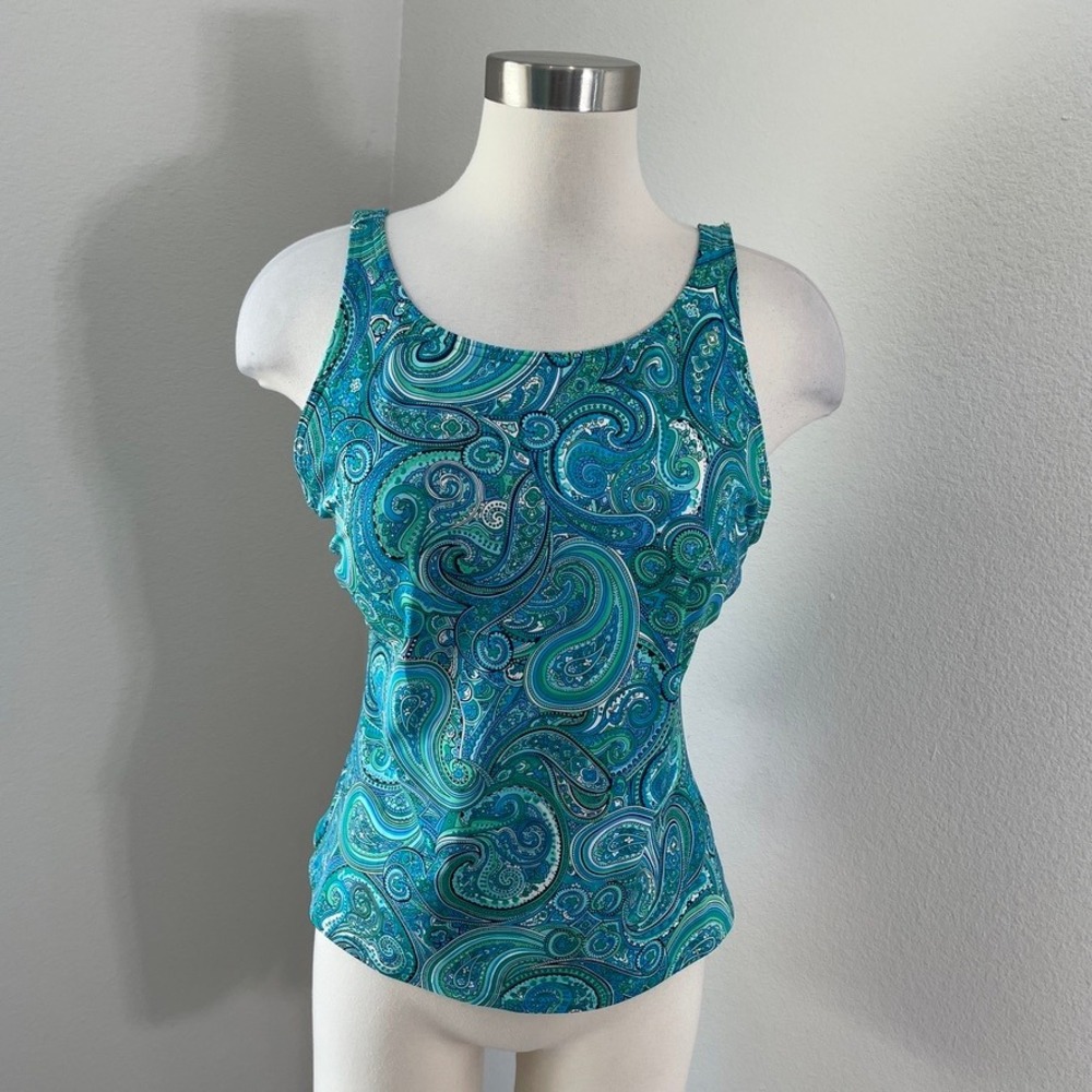 Lands End Womens 12 Blue Green Paisley Cutout Back Tankini Swim Top